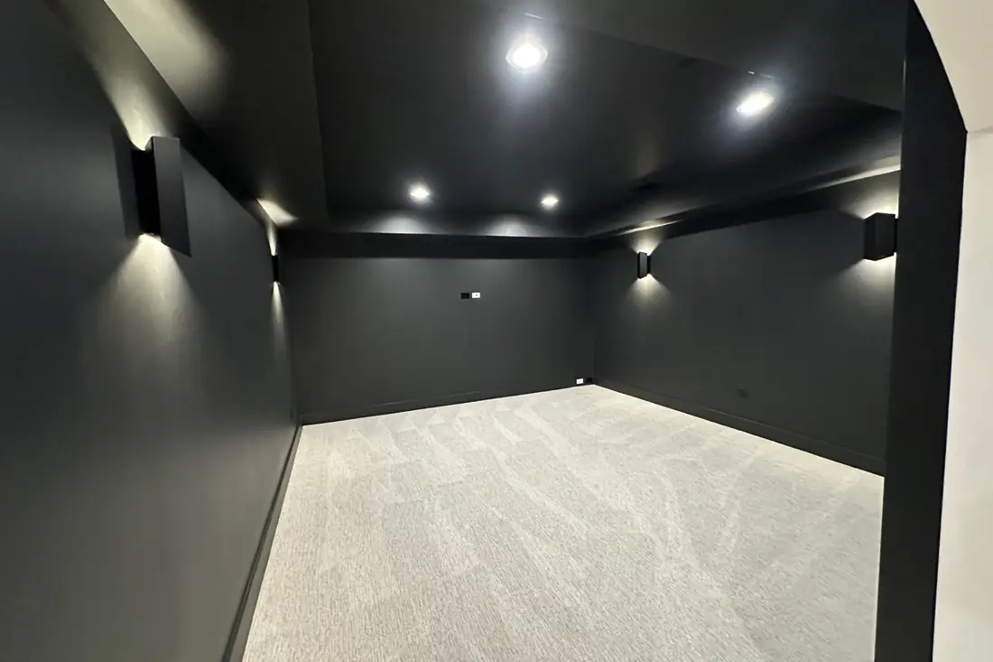 Lower-level theater room finished by Skycrest Homes