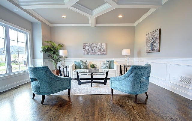 Naperville custom home living room with coffered ceiling