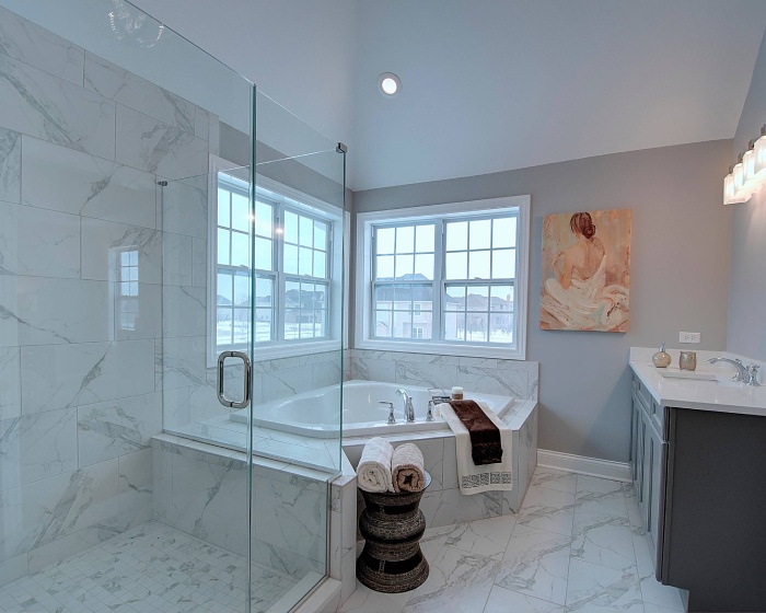 Elegant bathroom showcasing a large shower and a luxurious tub, ideal for a home addition in Chicago.