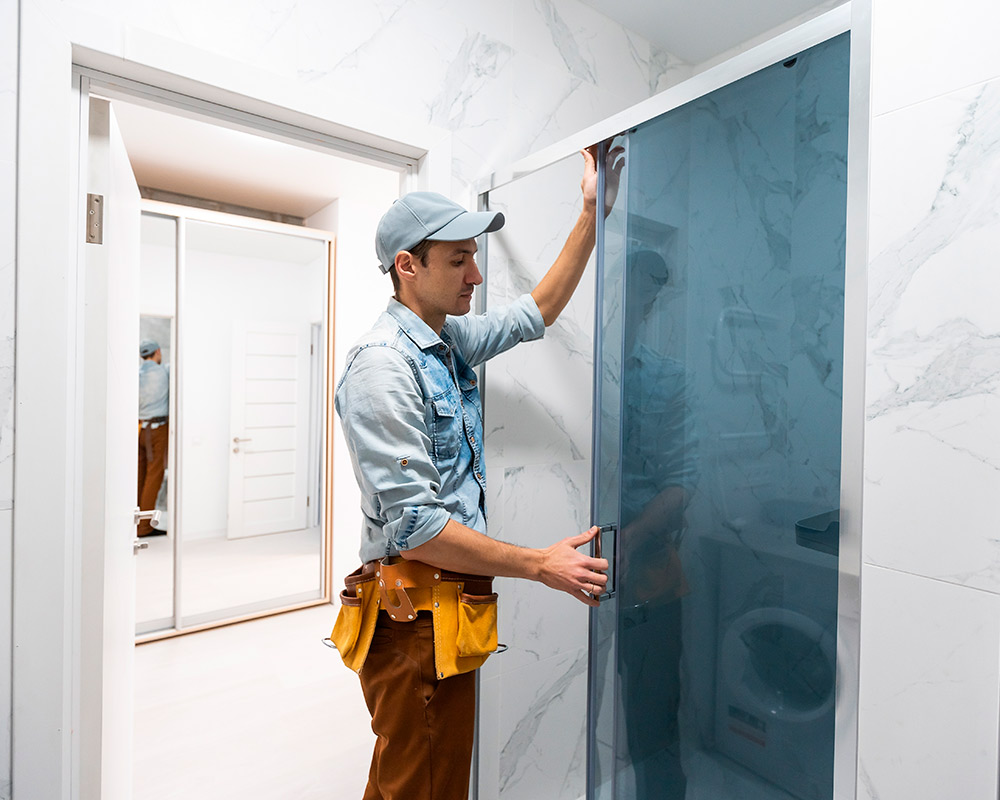 A man wearing a blue shirt and hat fixes a shower door, demonstrating practical skills for affordable bathroom renovations.