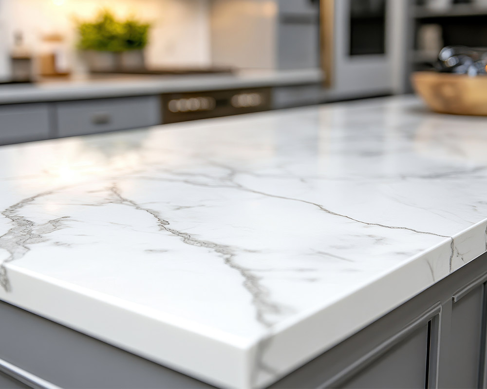 Kitchen counter featuring a marble top and white cabinets, showcasing a modern design for a stunning remodel.