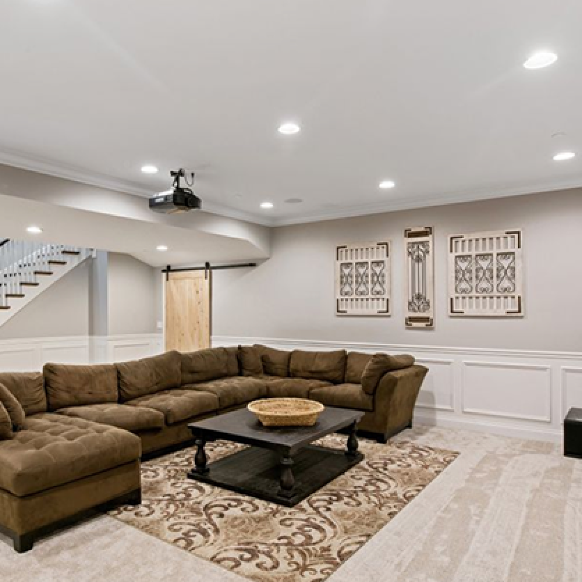 Full basement remodel with entertainment area and luxury finishes