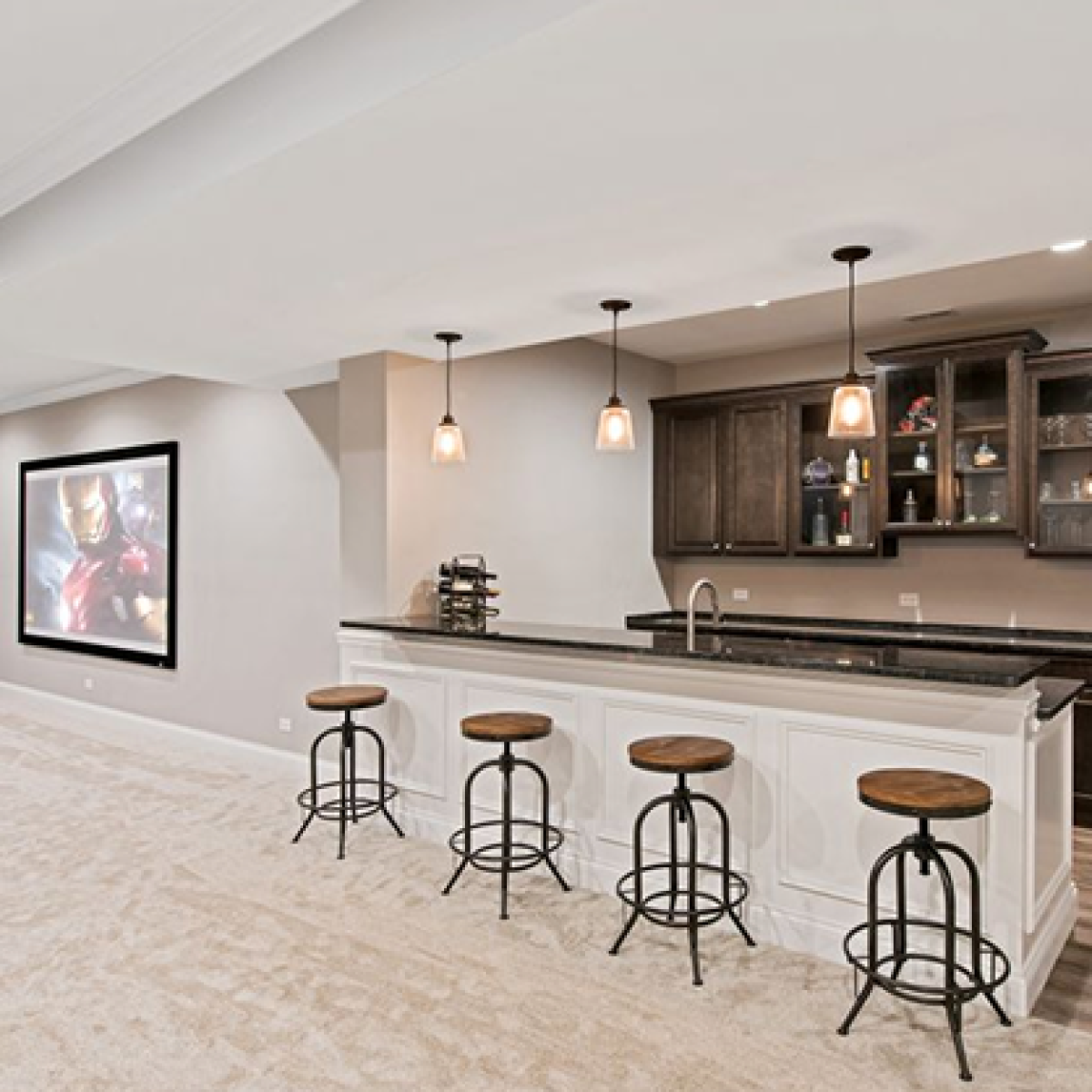 Custom wet bar installation in a finished basement remodel