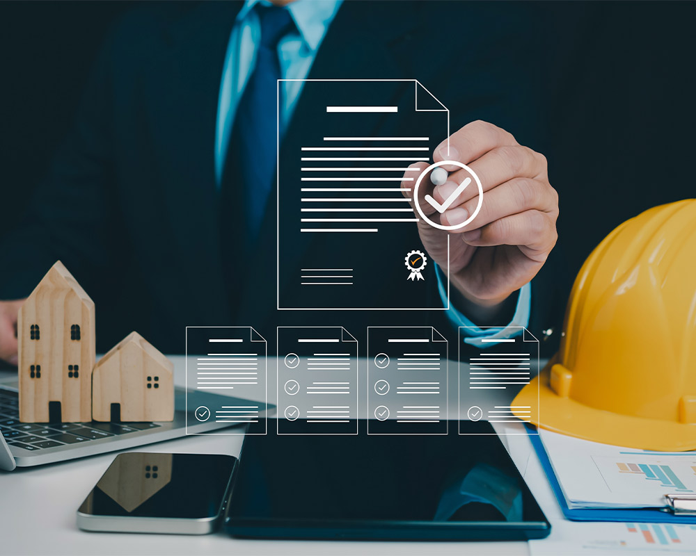 A suited man draws a contract on paper, illustrating a house and a laptop, as part of custom home builder considerations.